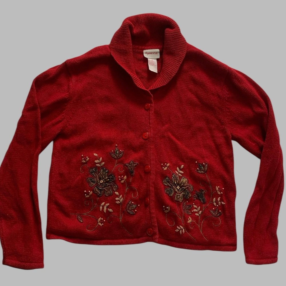 Red Collared Cardigan With Floral Embroidery Size Medium Cottagecore
